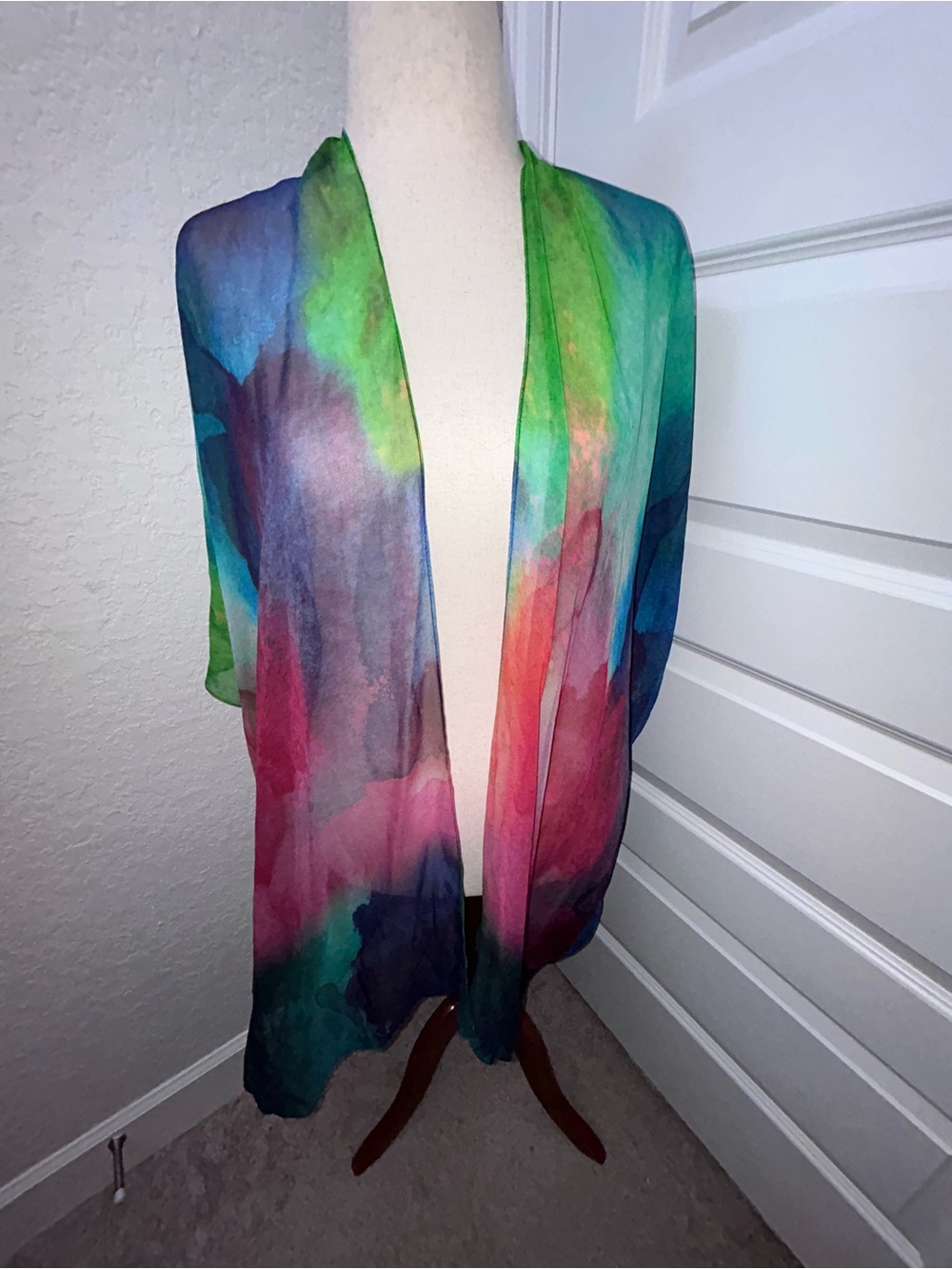 COCOON HOUSE 100% Silk Watercolor Print Open Front Sheer Kimono Blouse Top